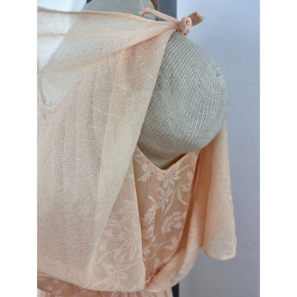 Vintage 70s Chiffon Dress Split Sleeve Maxi Capelet Peach Floral Split Sleeve - Picture 5 of 16